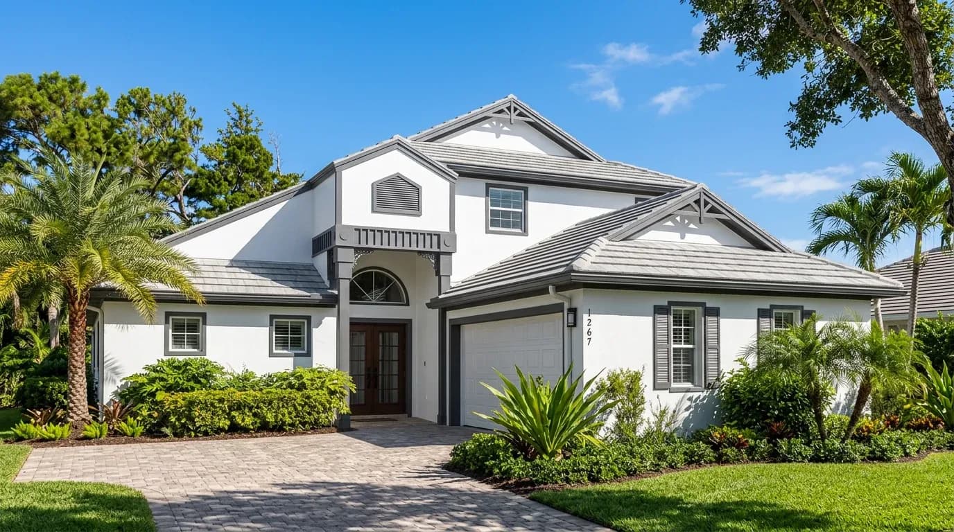 Professional painter applying premium exterior paint to a luxury Florida home in Southwest Florida
