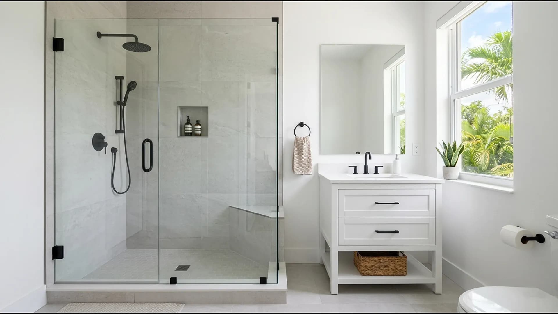 Bright Southwest Florida bathroom with a new glass-enclosed walk-in shower