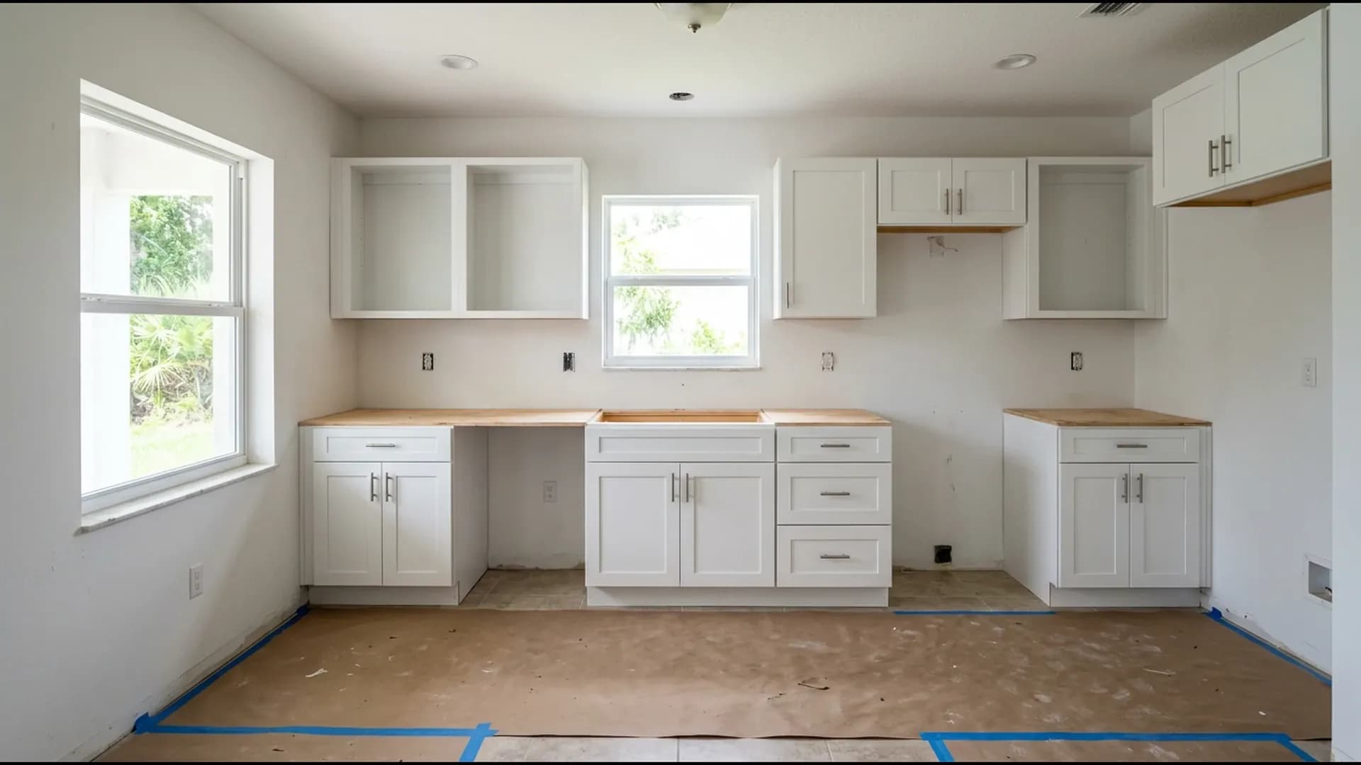 Southwest Florida kitchen remodel in progress with new cabinets installed and countertops waiting for templating
