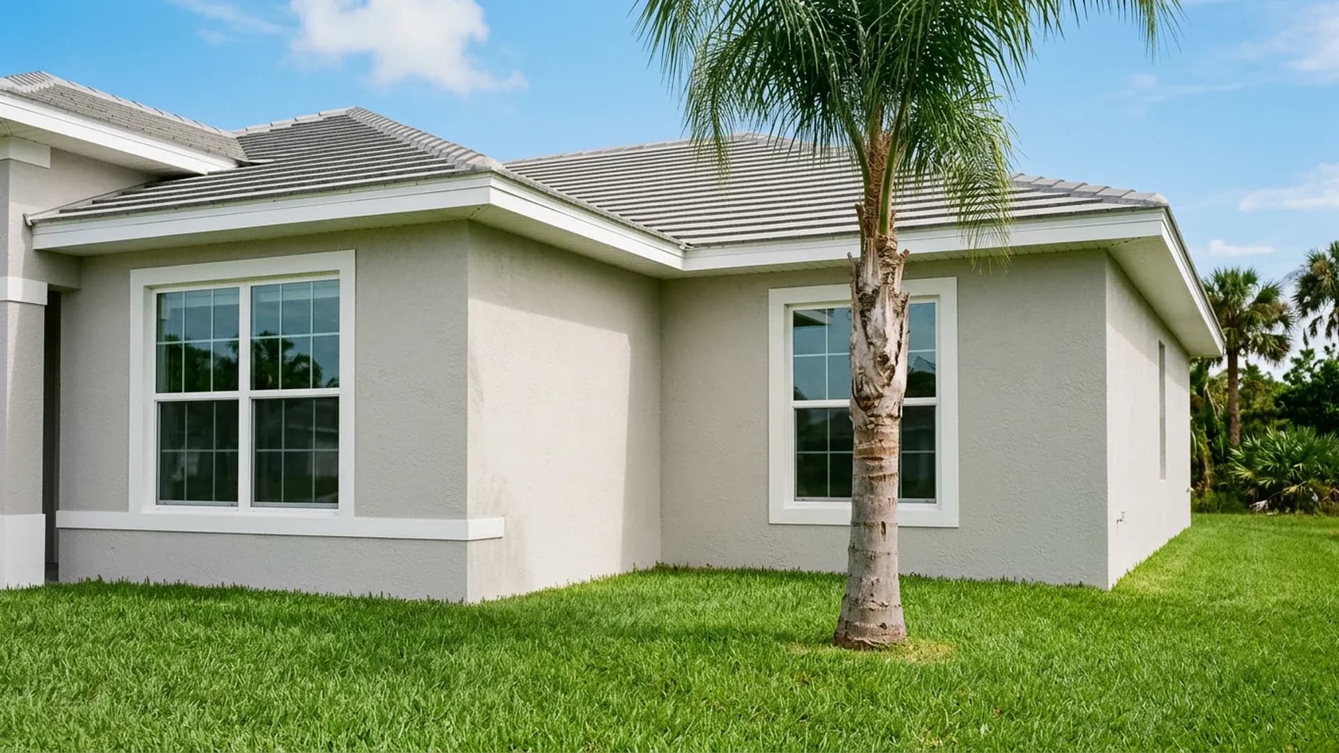 Single-story Florida stucco home freshly painted in a light warm gray under a blue sky