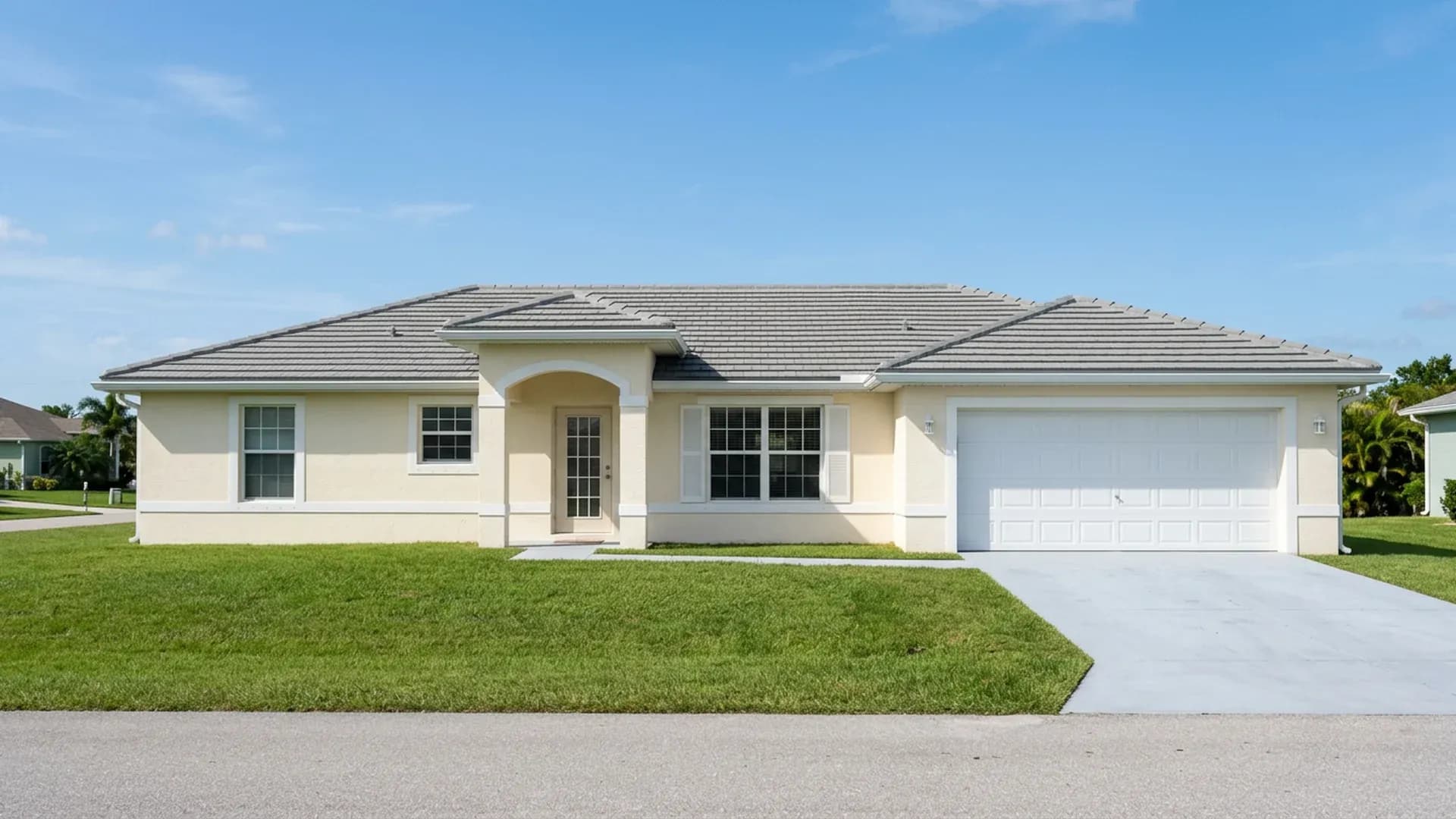 Single-story cream stucco house with white trim, gray tile roof and two-car garage, lawn meeting the walls, blue sky